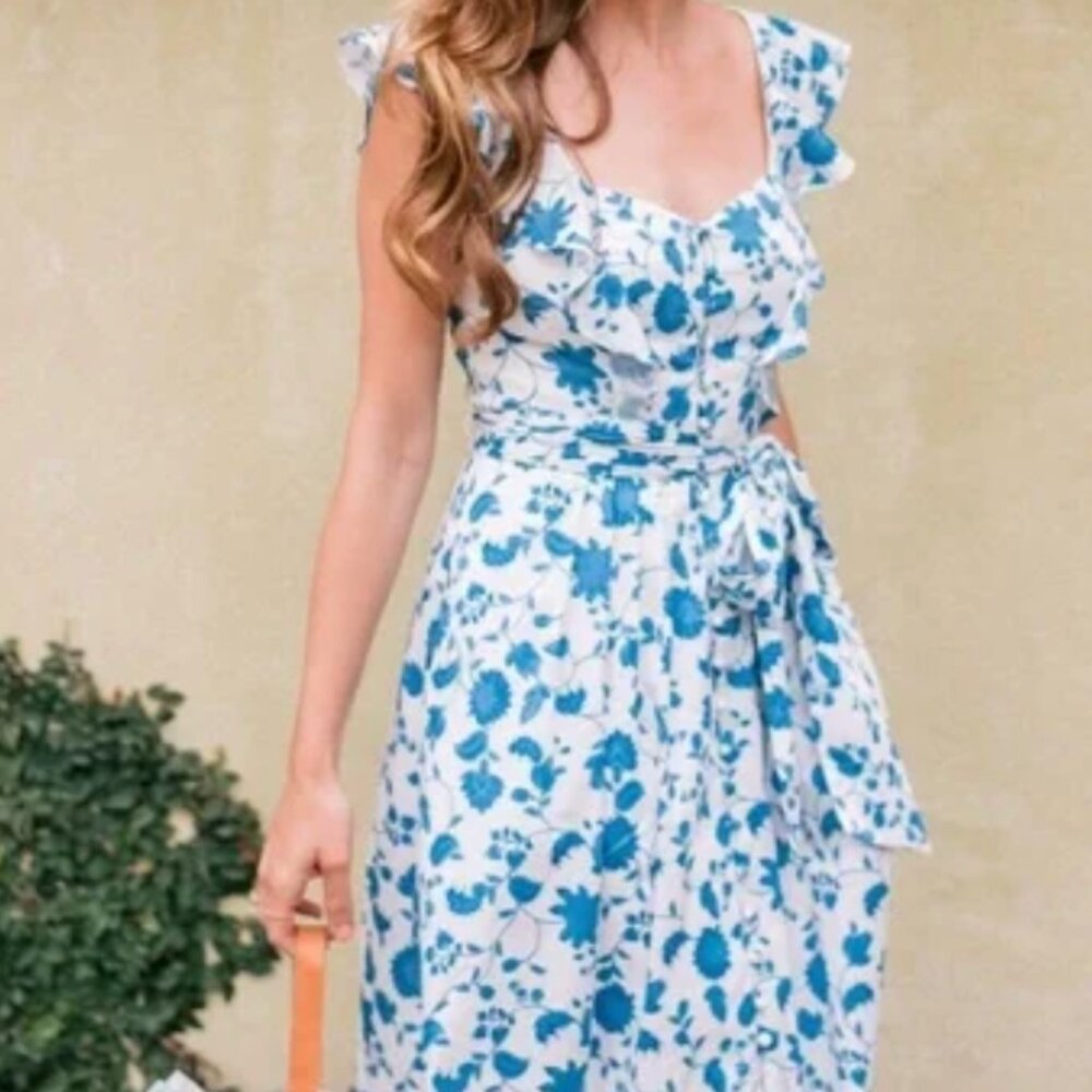 Gal Meets Glam Blue Floral Flutter Sleeve Cotton Olivia Dress | Lined
